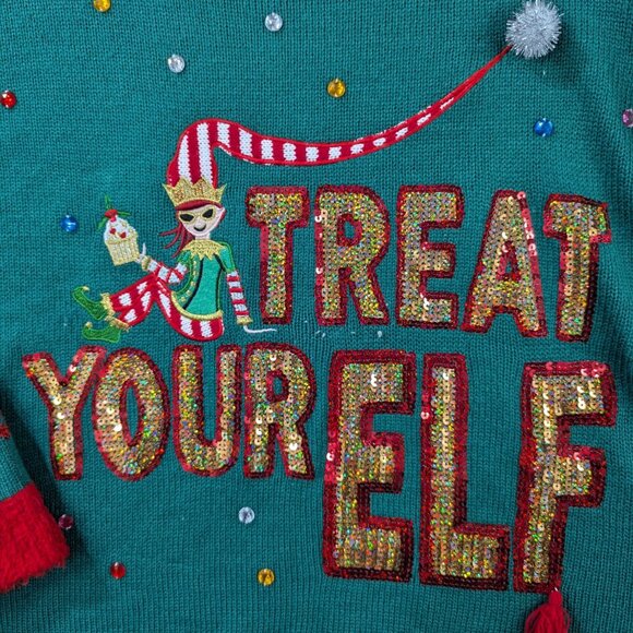 Ugly Christmas Sweater "Treat Your Elf" Size S With Festive Design & Sequins - Picture 3 of 7